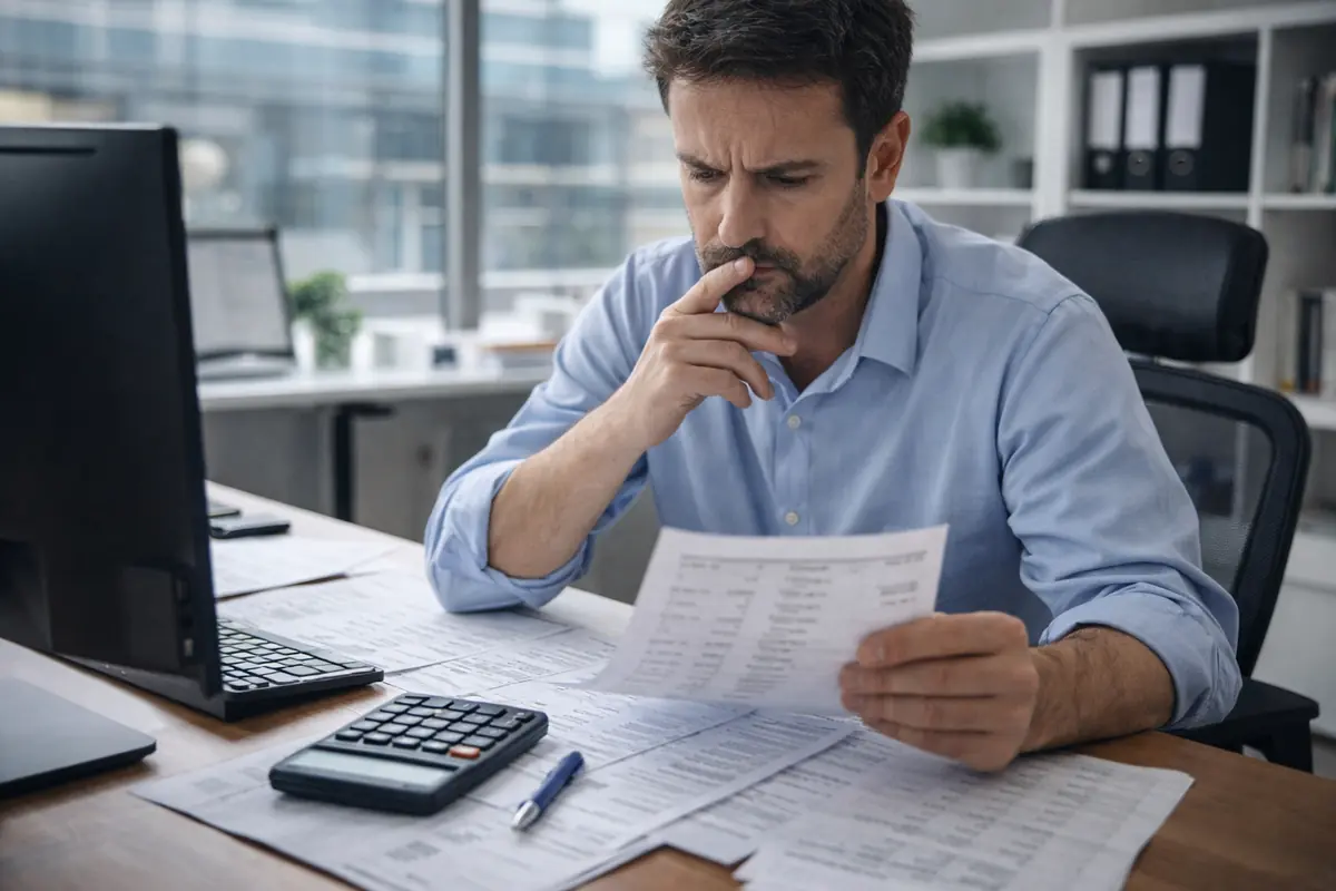 Uomo d'affari esamina documenti finanziari