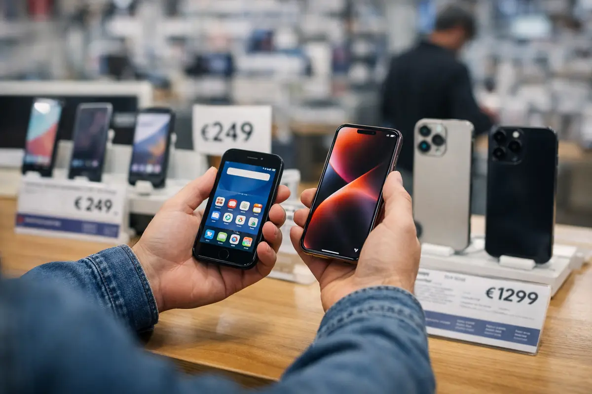 Confronto tra smartphone economico e premium in negozio tecnologia per rappresentare la strategia di prezzi Apple