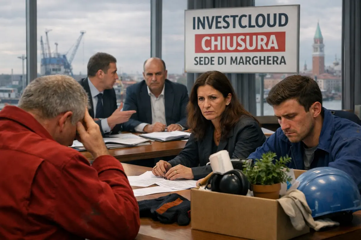 lavoratori preoccupati durante riunione aziendale per chiusura sede Investcloud a Marghera Venezia