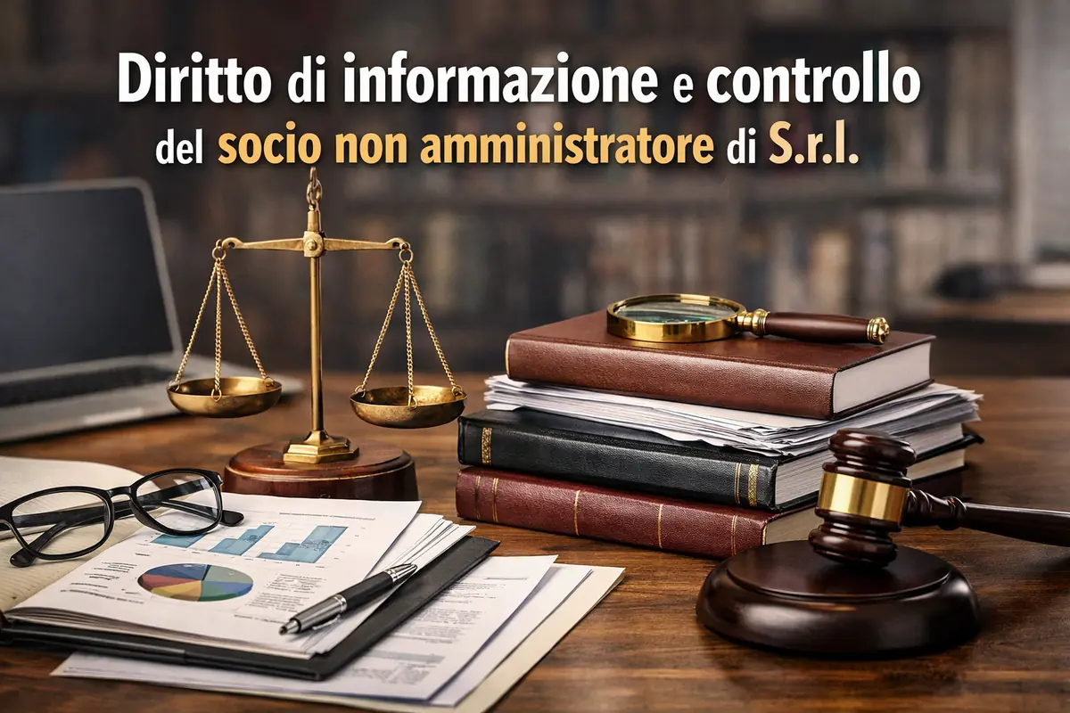 documenti societari e strumenti legali su scrivania rappresentano il diritto di informazione e controllo del socio non amministratore di una srl