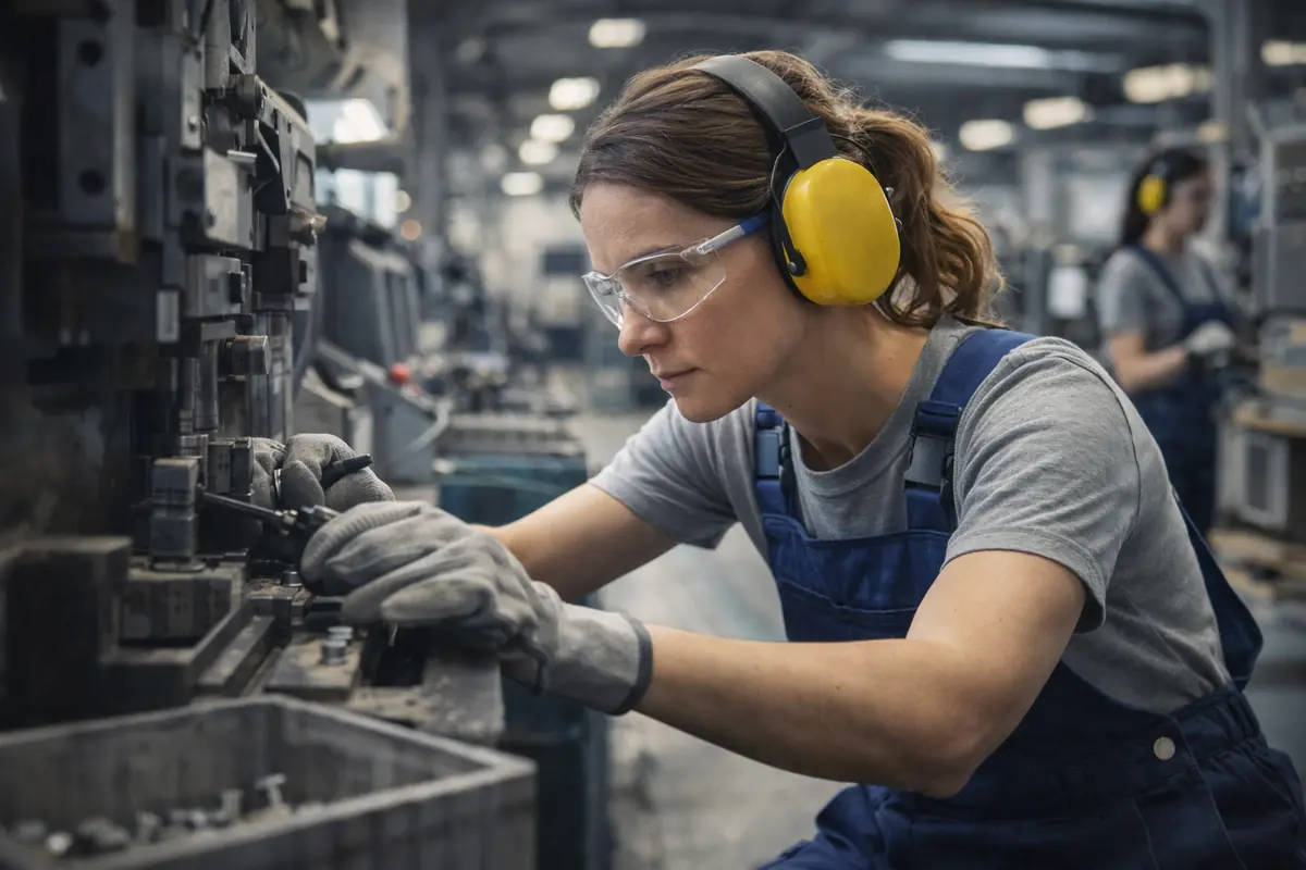 donna al lavoro in fabbrica con dispositivi di sicurezza mentre opera su macchinari industriali