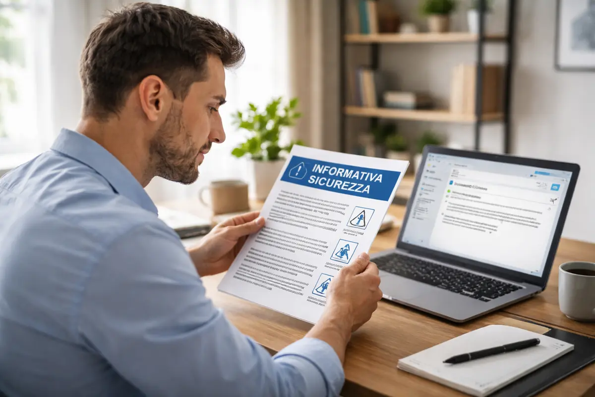 Lavoratore in smart working che legge un’informativa sulla sicurezza davanti al laptop in ambiente domestico