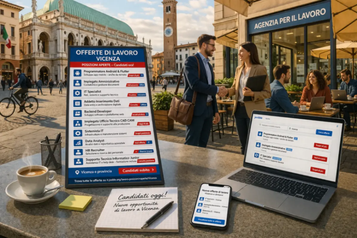 Offerte di lavoro a Vicenza con persone in piazza e annunci di posizioni aperte su laptop e bacheca