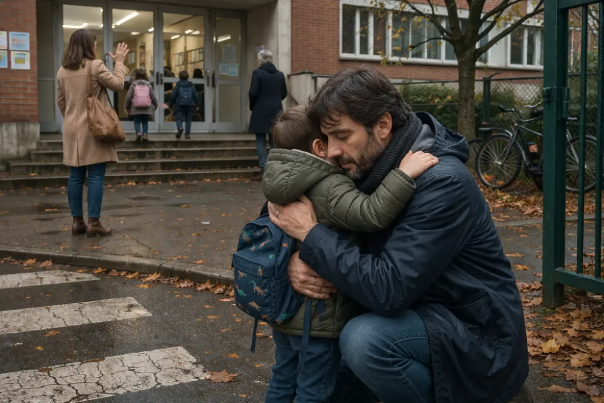 Padre abbraccia il figlio davanti alla scuola durante una separazione familiare