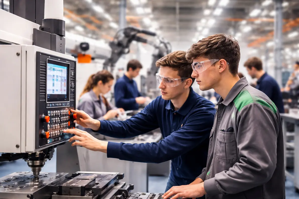 Studenti di istituto tecnico lavorano su macchinari CNC in un laboratorio industriale durante attività di meccatronica