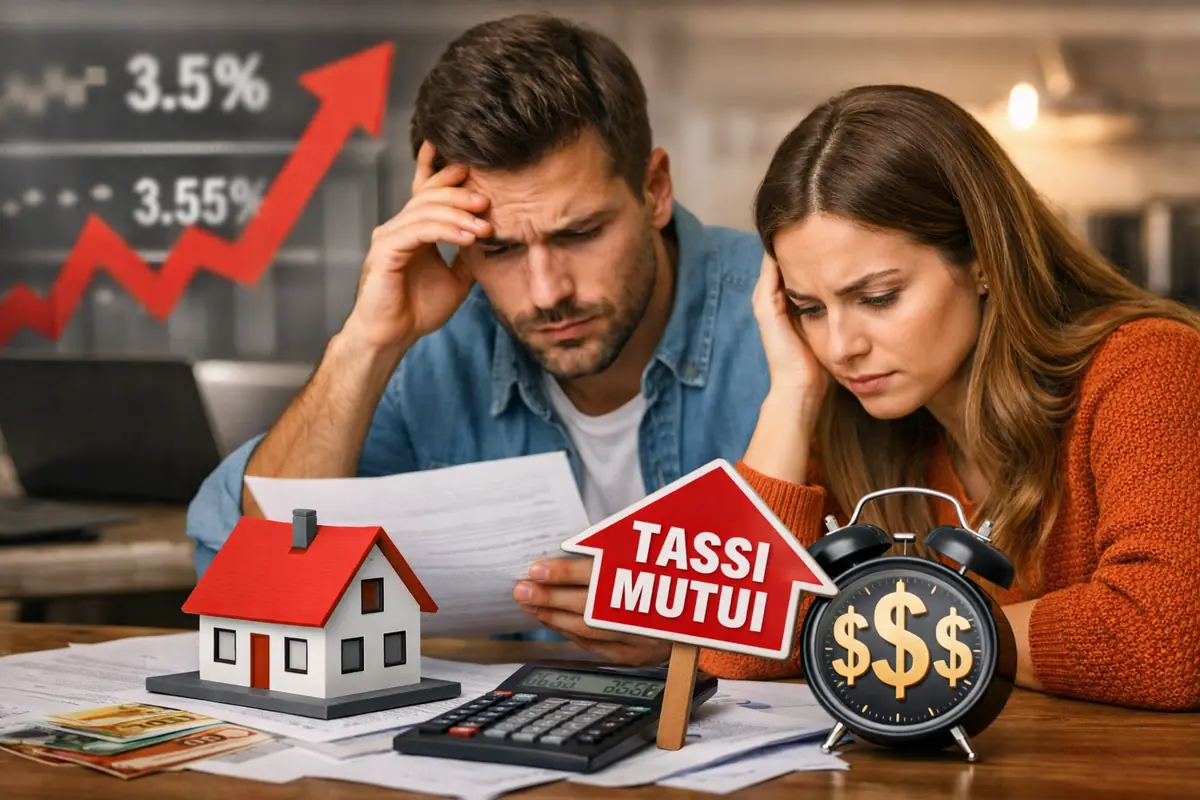 Coppia preoccupata controlla documenti mutuo con aumento dei tassi e rate più alte nel 2026