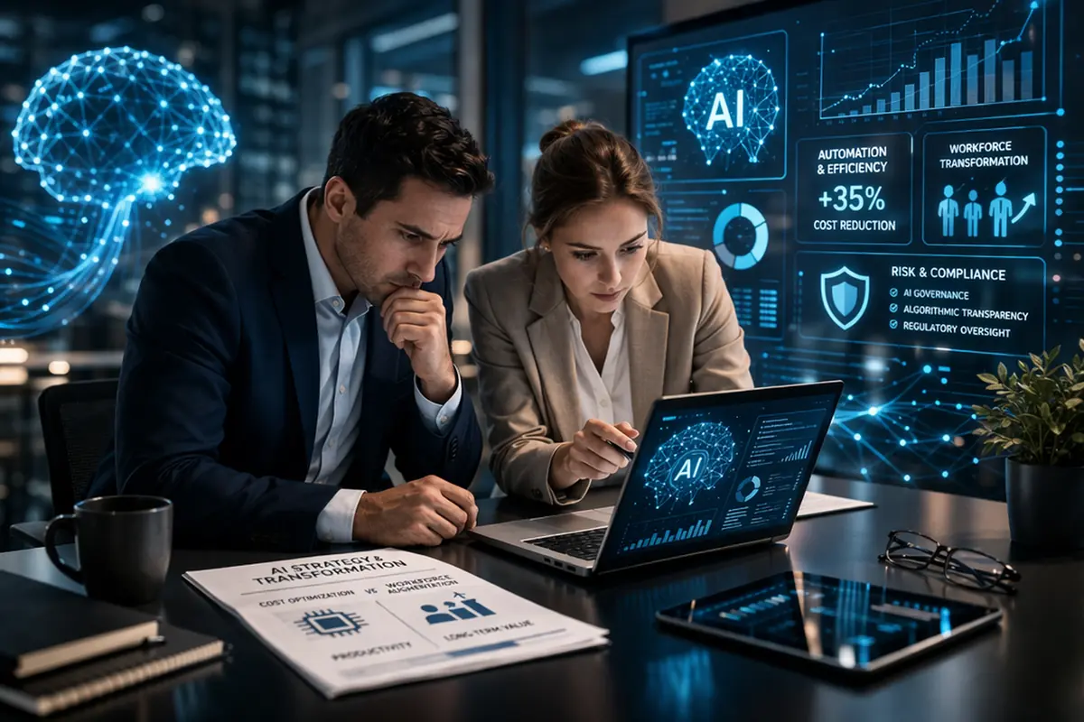 Professionisti analizzano dati di intelligenza artificiale su laptop con interfaccia digitale e grafici aziendali