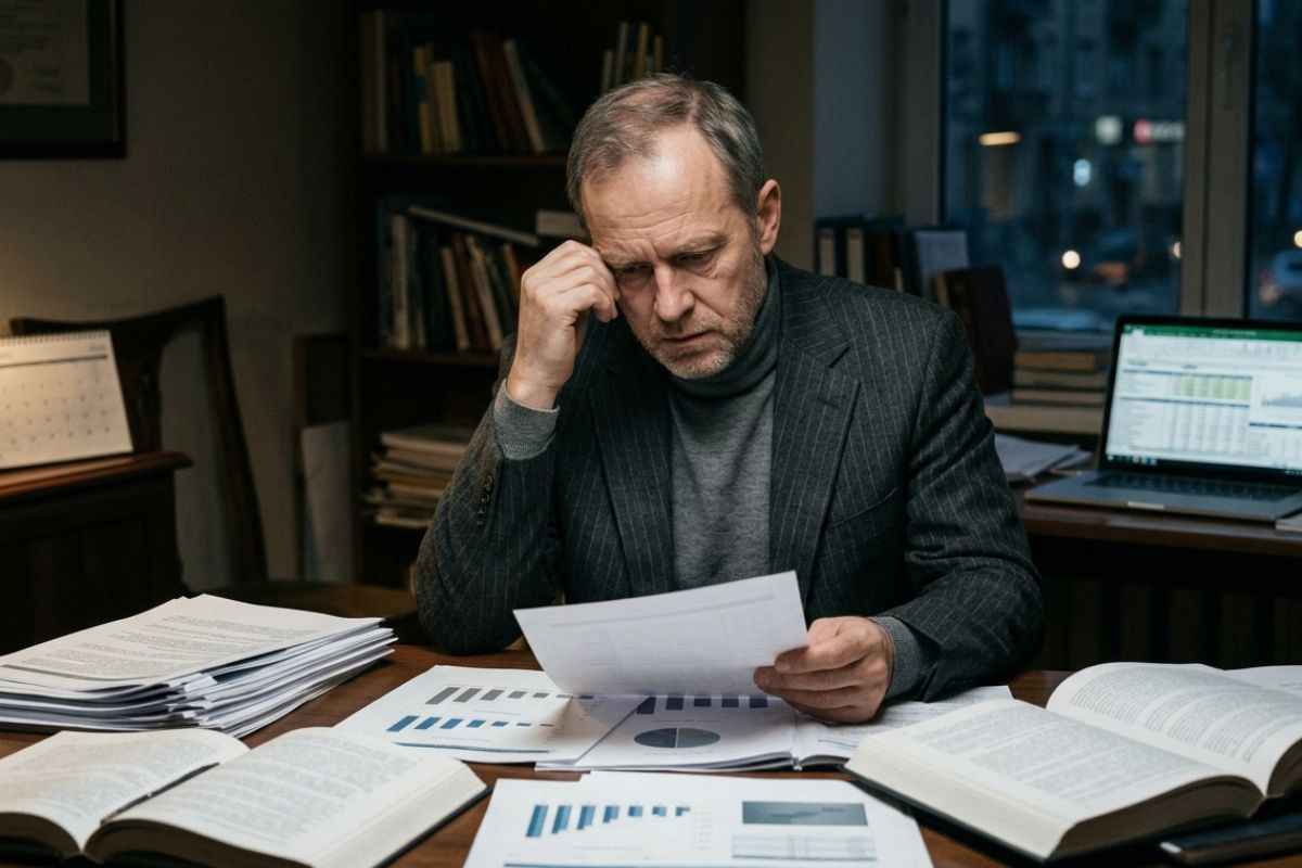 Esperto analizza grafici rincari maggio 2026 su scrivania ufficio di notte.