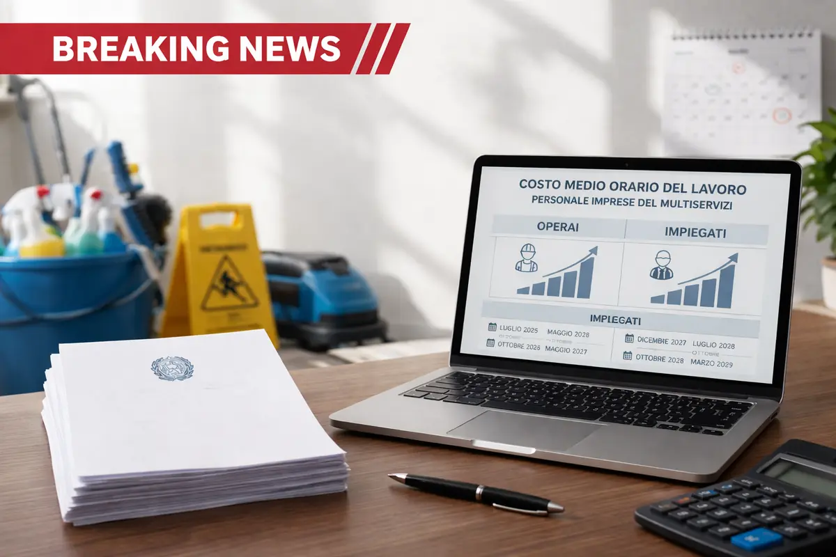 Scritta Breaking News su ufficio con documenti e laptop per aggiornamento costo lavoro multiservizi