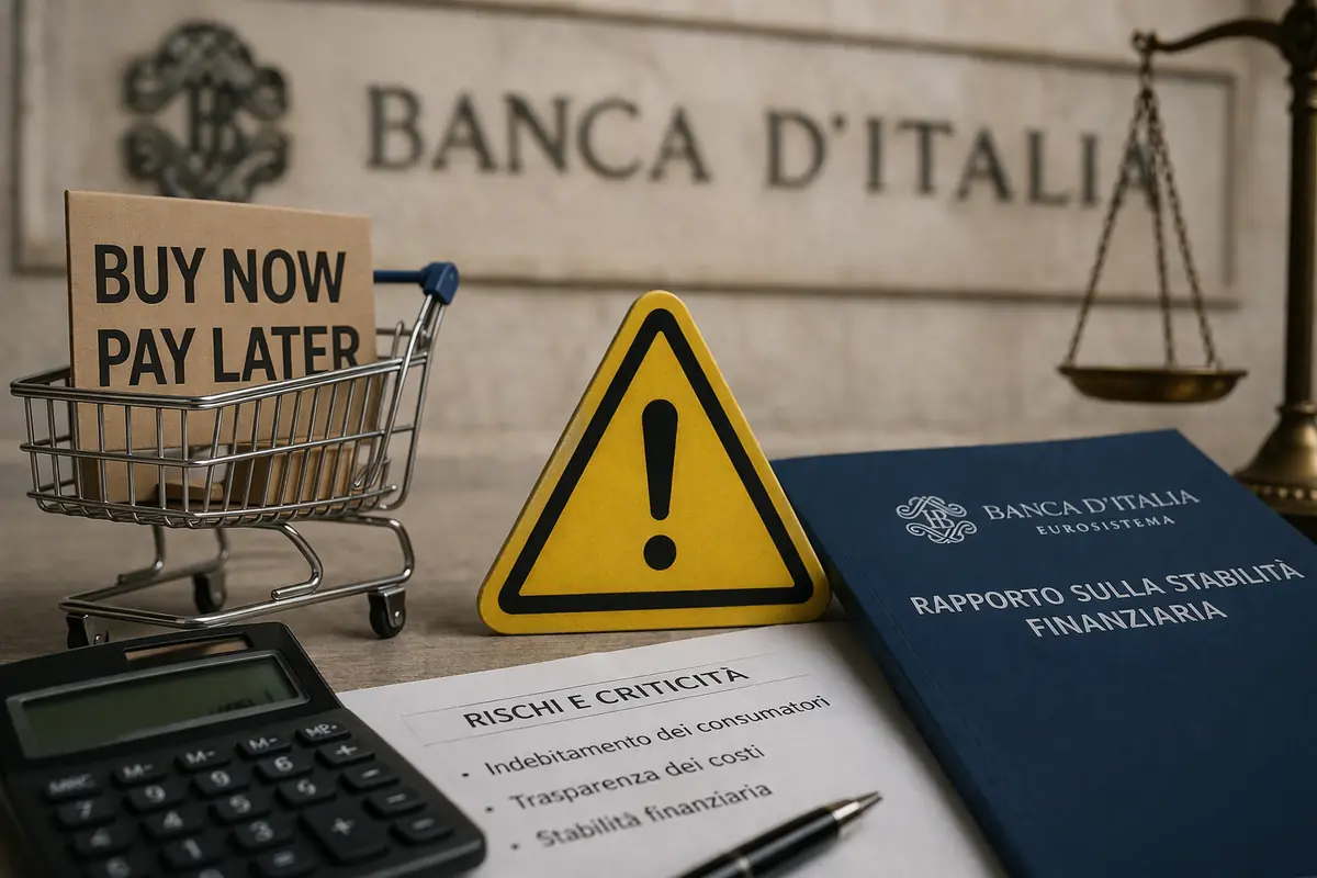 Avviso della Banca d’Italia sui rischi del buy now pay later con simbolo di attenzione e carrello acquisti