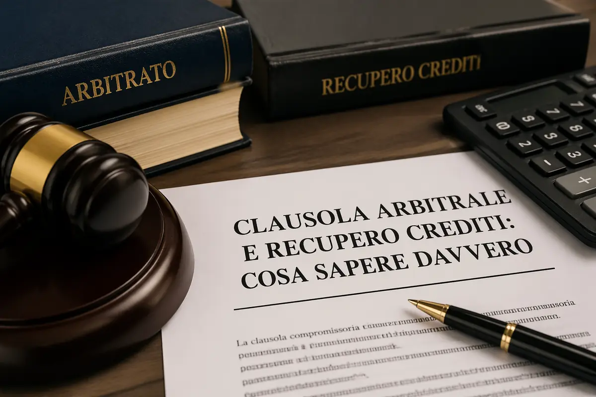 Documento legale con clausola arbitrale e strumenti per il recupero crediti su scrivania con martelletto e calcolatrice