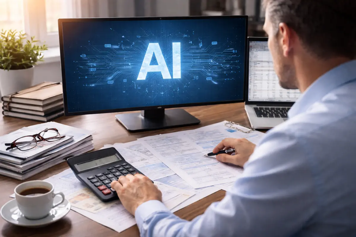 commercialista al lavoro con calcolatrice e documenti mentre utilizza strumenti di intelligenza artificiale