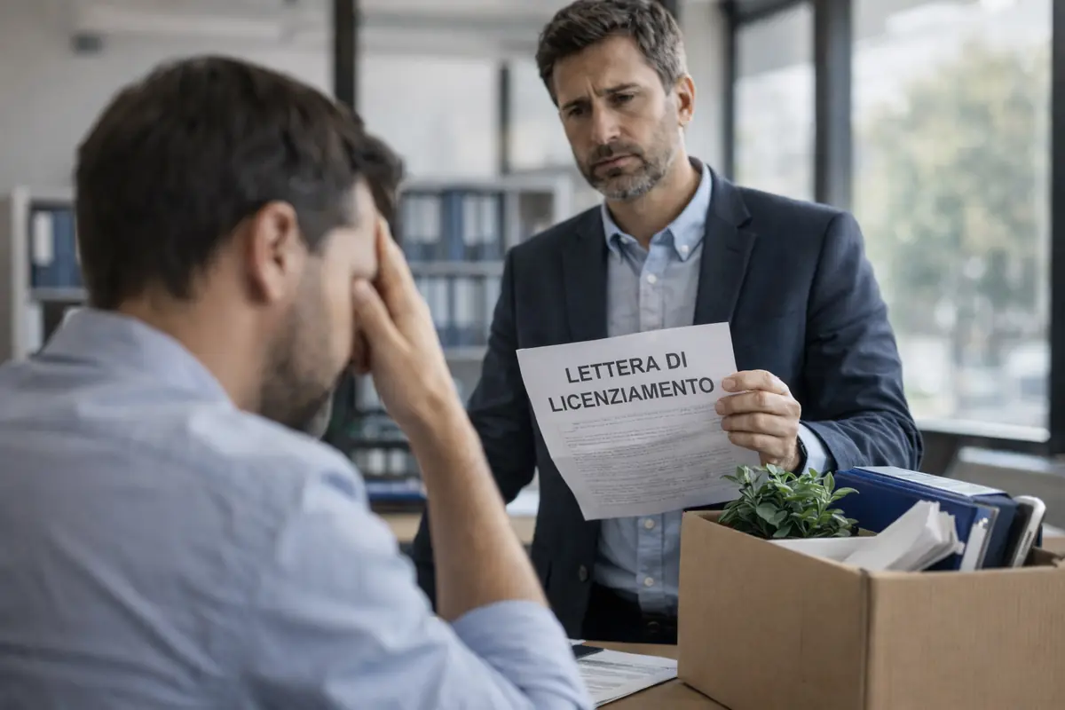 datore di lavoro consegna lettera di licenziamento a dipendente in ufficio