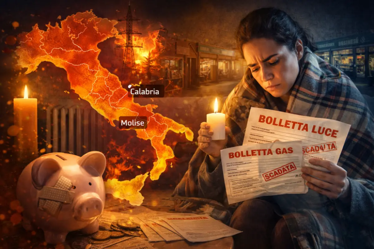 Povertà energetica in Italia con famiglia in difficoltà e bollette luce e gas scadute