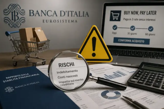Analisi dei rischi del buy now pay later con lente su documento finanziario e avviso della Banca d’Italia
