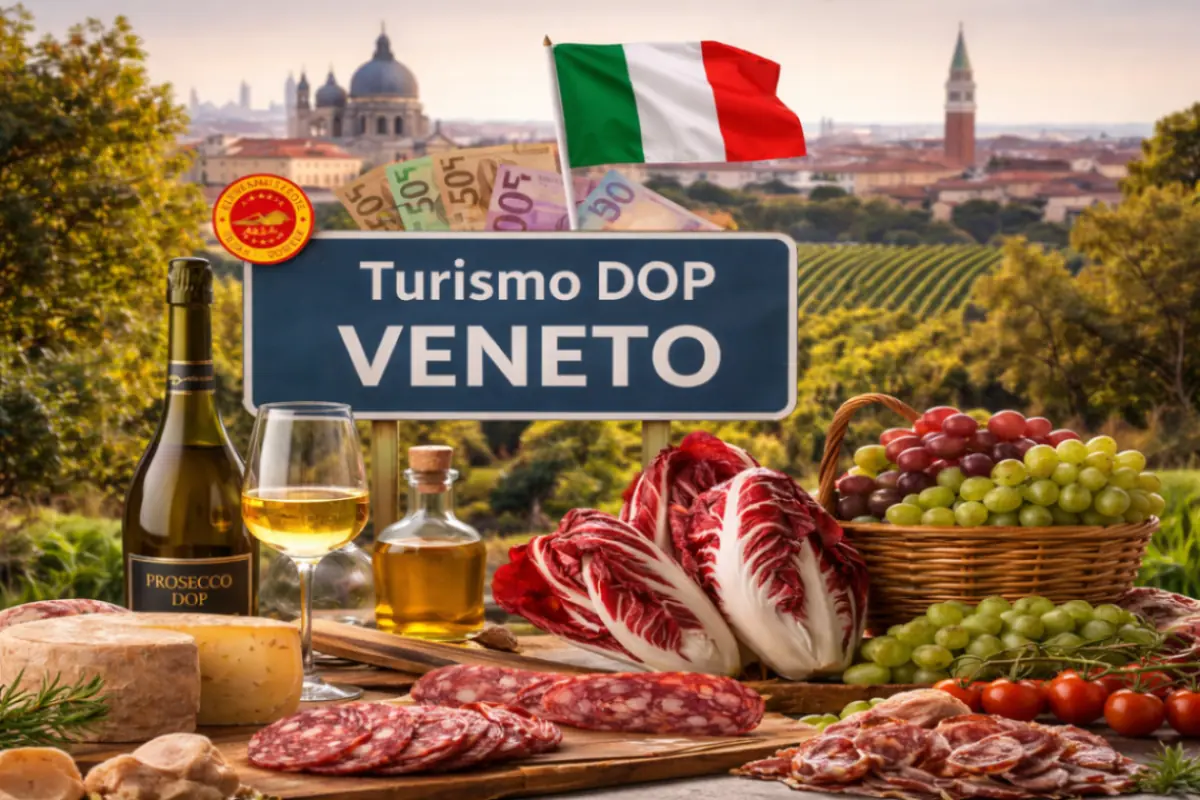 Tavola con prodotti tipici veneti e vino Prosecco tra vigneti, simbolo del turismo enogastronomico in Veneto