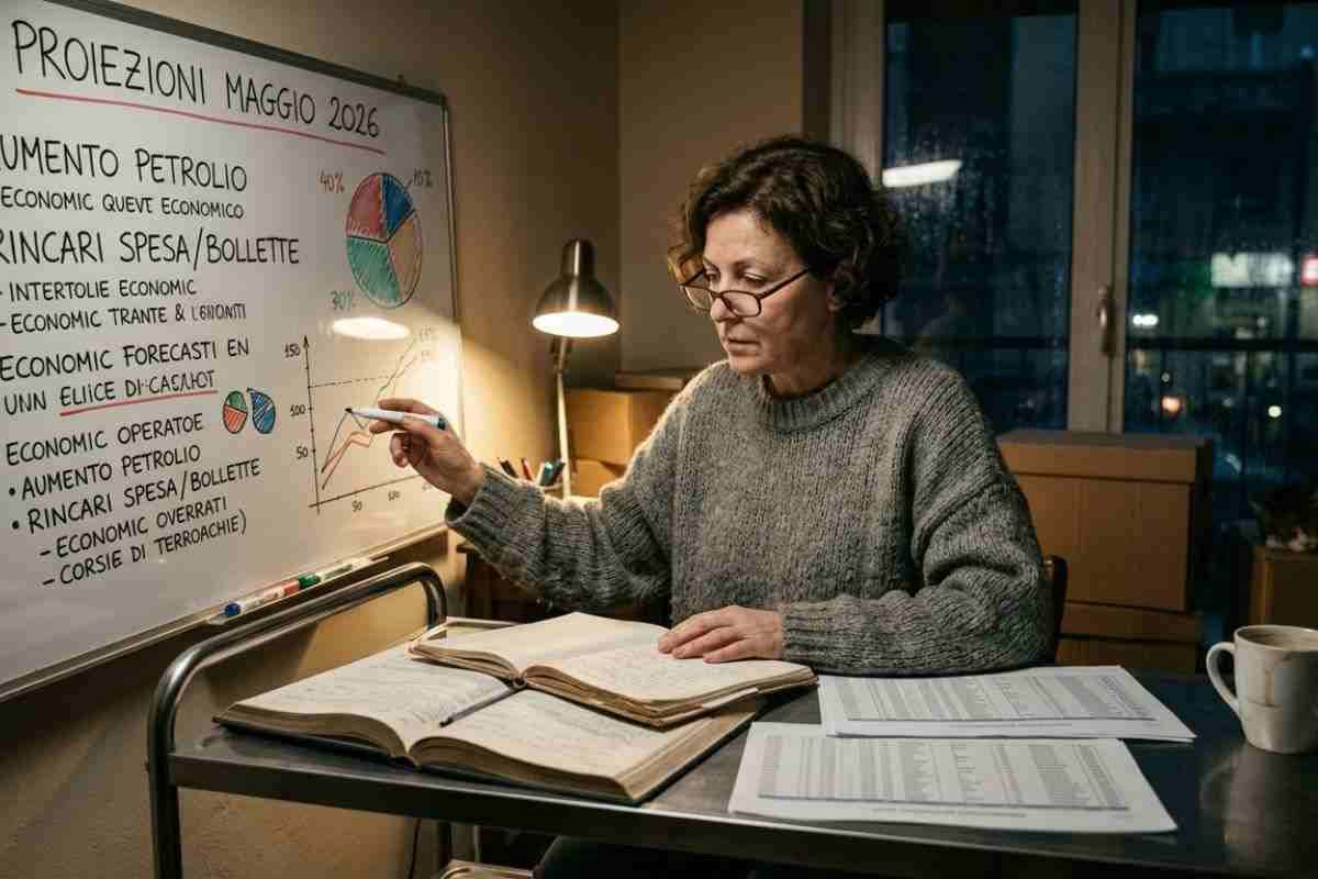 Donna studia lavagna con proiezioni rincari maggio 2026 e aumento petrolio.