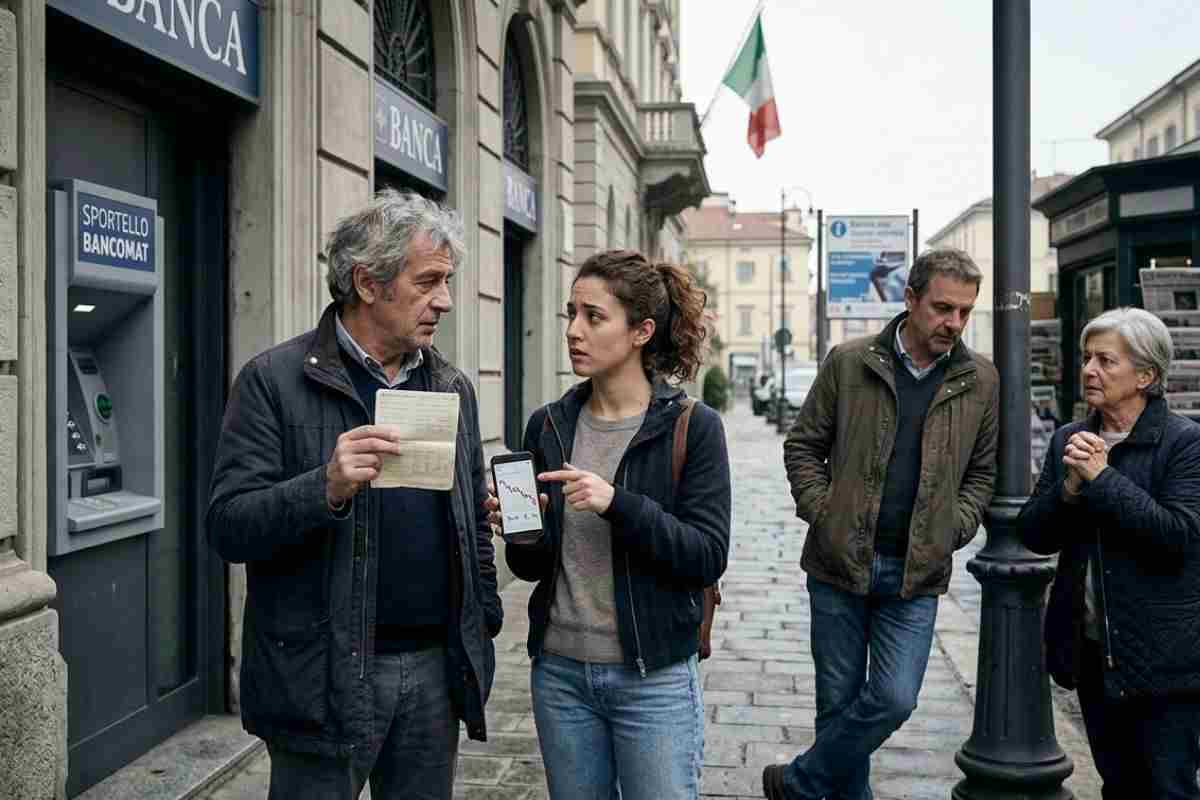 Persone preoccupate davanti a una banca che controllano il saldo dello smartphone durante una crisi economica.