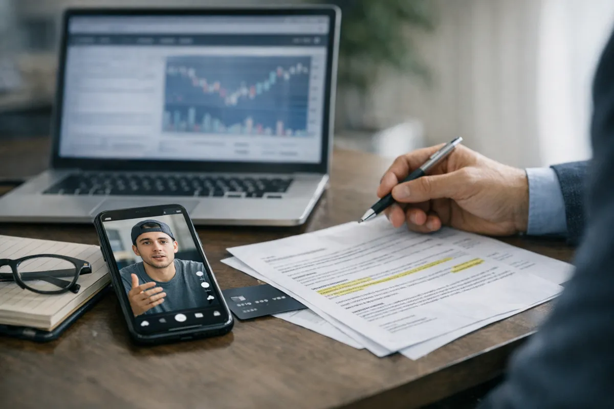 Scrivania con smartphone che mostra un video su investimenti, laptop con grafico e documenti evidenziati esaminati da una
