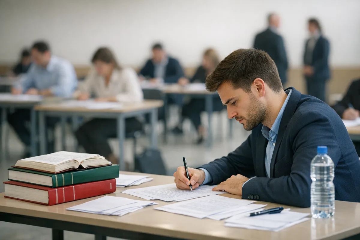 Candidato scrive durante una prova d’esame in aula, con codici di diritto e fogli sul banco