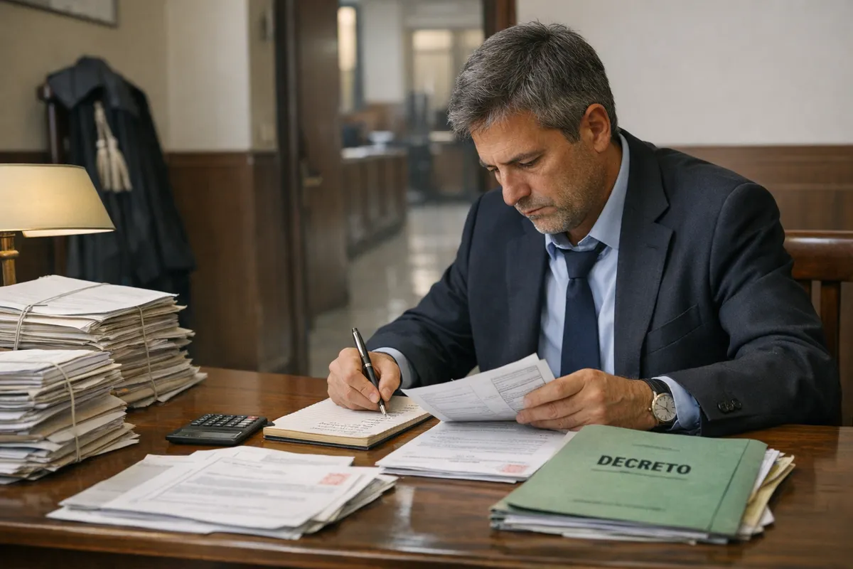 Avvocato in tribunale esamina fascicoli e scrive appunti accanto a una cartella “Decreto
