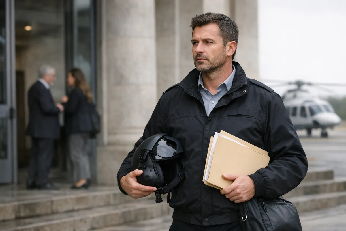 Pilota con casco e documenti davanti a un edificio del tribunale, con elicottero sfocato sullo sfondo