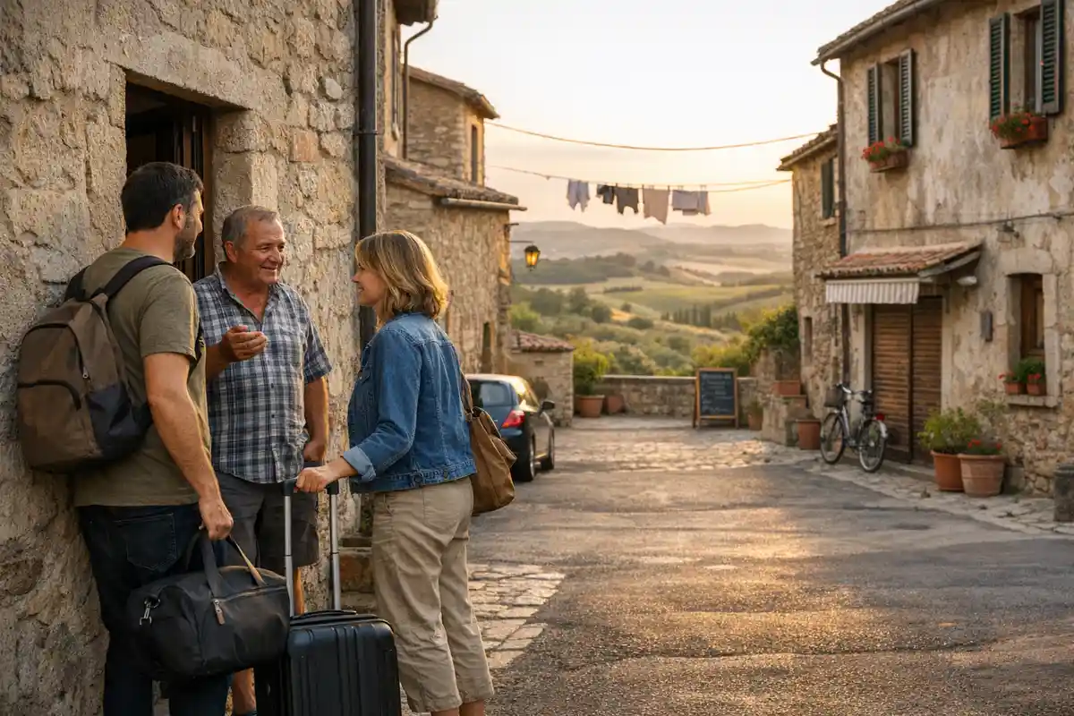 Coppia con valigie parla con un residente all’ingresso di una casa in un borgo di pietra al tramonto