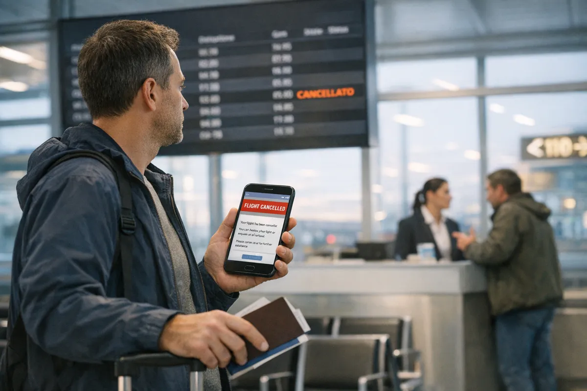 Passeggero in aeroporto mostra sullo smartphone avviso di volo cancellato e guarda il tabellone partenze