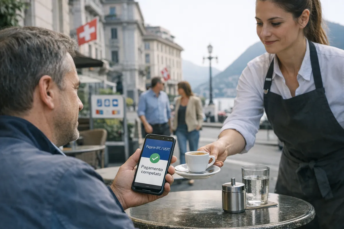 Cliente in un caffè a Lugano paga con smartphone “Paga in BTC/USDT” mentre la barista serve un espresso