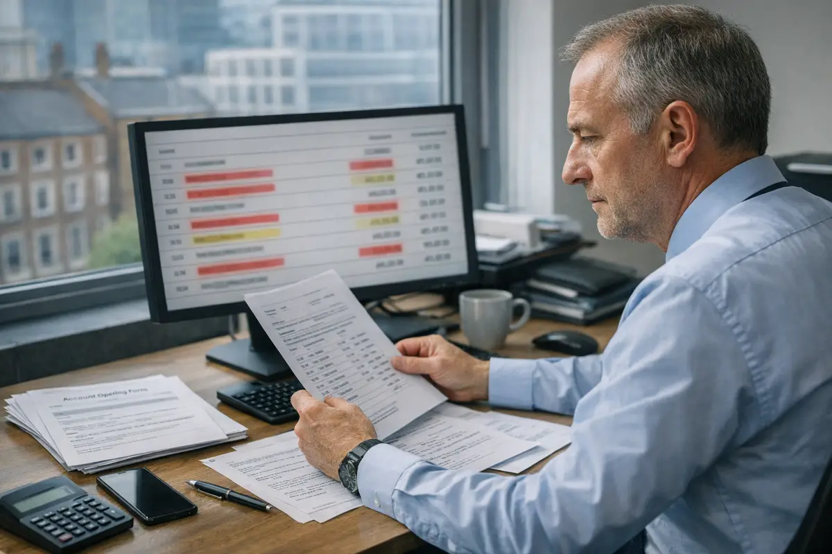 Professionista in ufficio controlla documenti e movimenti bancari evidenziati su un monitor