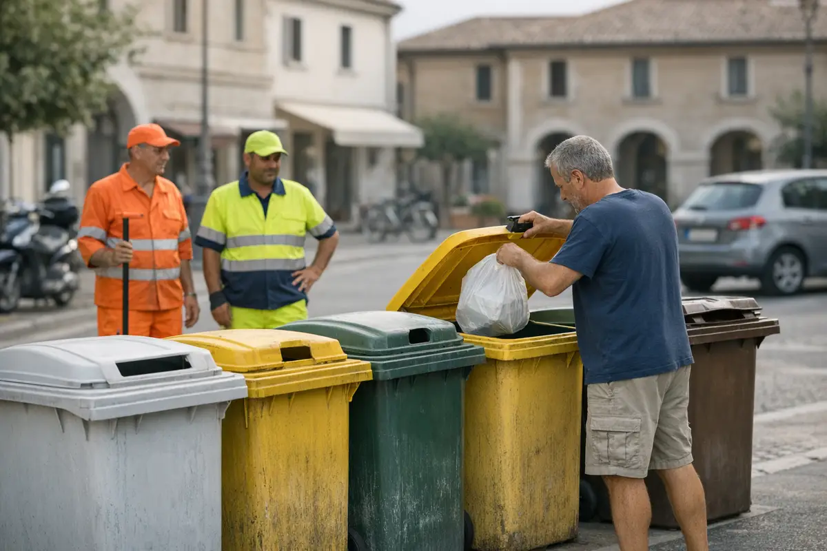 Uomo getta un sacco nei cassonetti della raccolta differenziata, con due operatori ecologici sullo sfondo