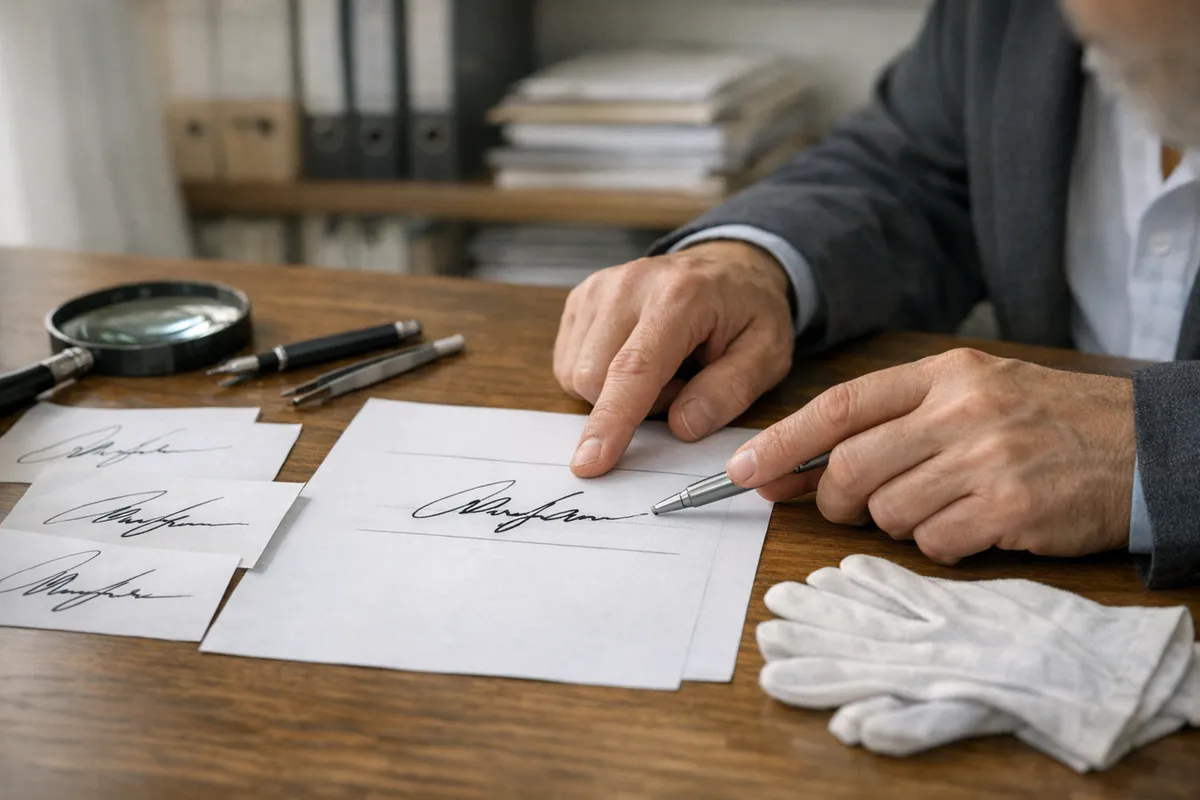Mani che confrontano firme su documenti con lente d’ingrandimento, penna e guanti su una scrivania