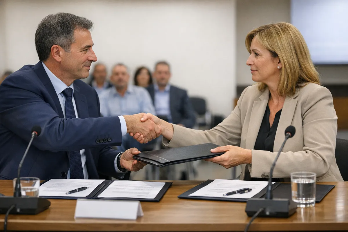 Stretta di mano tra due professionisti durante la firma di un accordo in sala conferenze, con documenti e microfoni sul