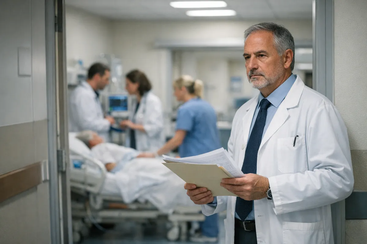 Medico senior in camice con cartella clinica davanti all’ingresso del reparto, con personale sanitario e paziente sfocati
