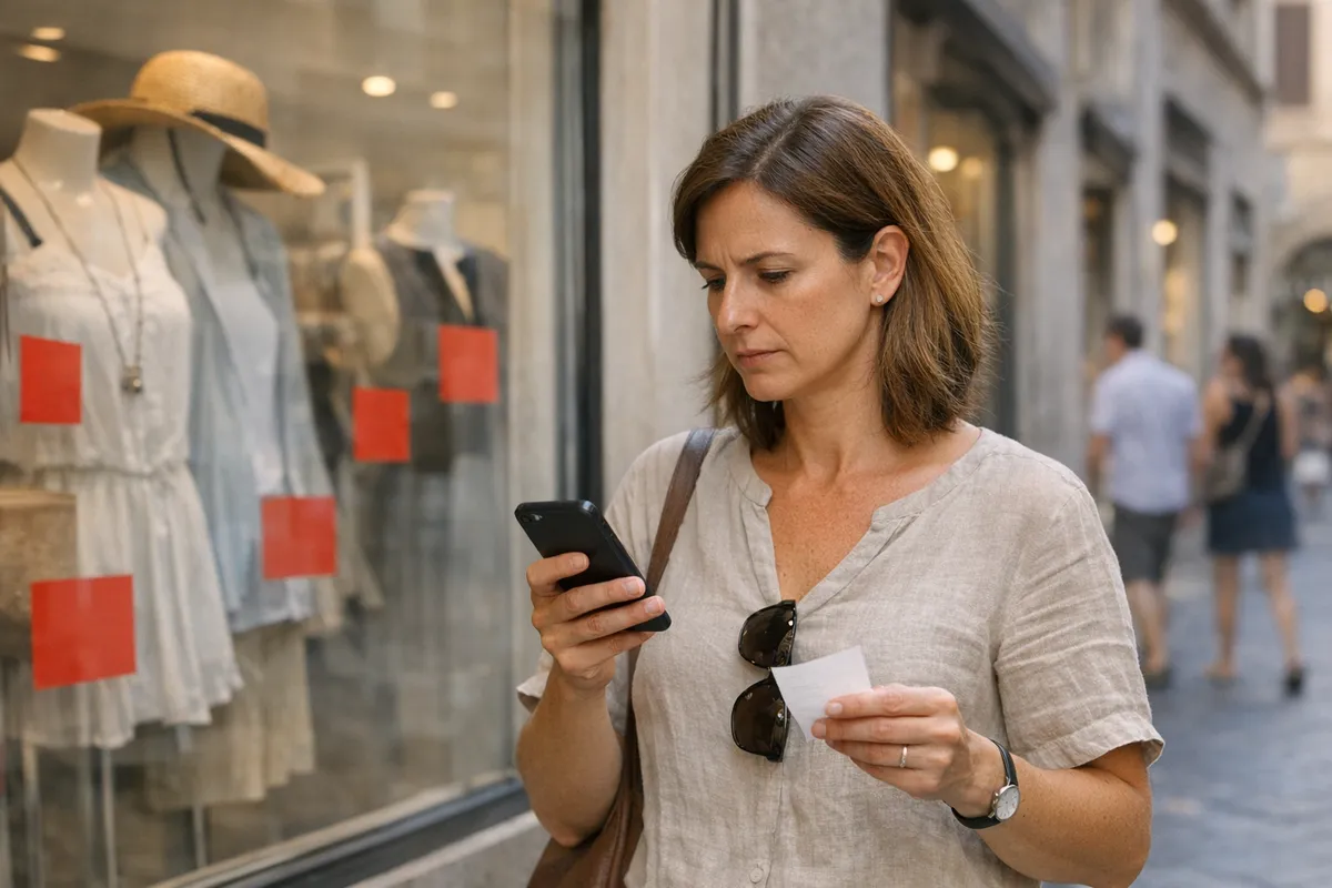 Donna controlla lo smartphone e uno scontrino davanti a una vetrina con abiti e cartellini rossi dei saldi