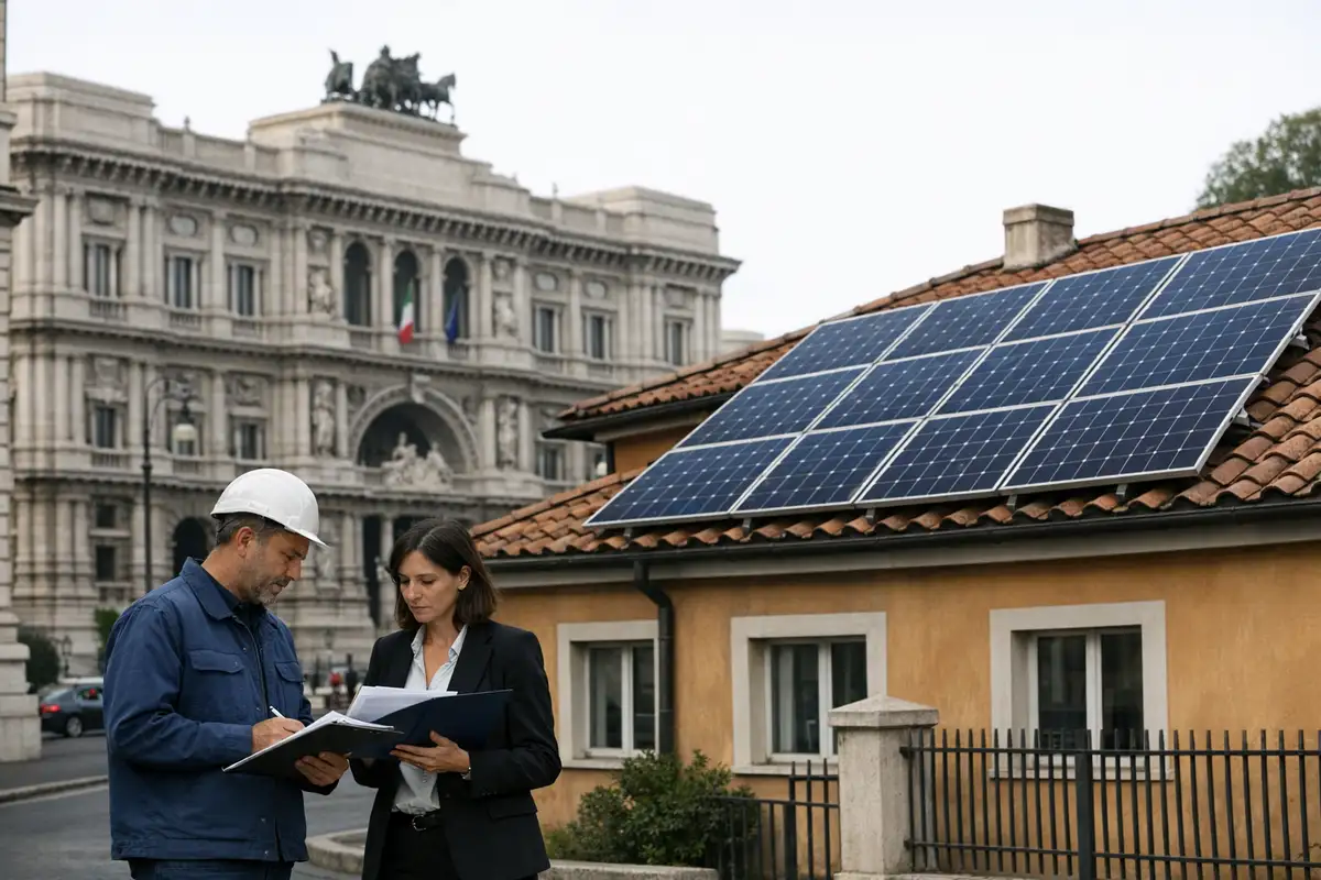 Tecnico con casco e professionista in giacca consultano documenti davanti a un tetto con pannelli fotovoltaici