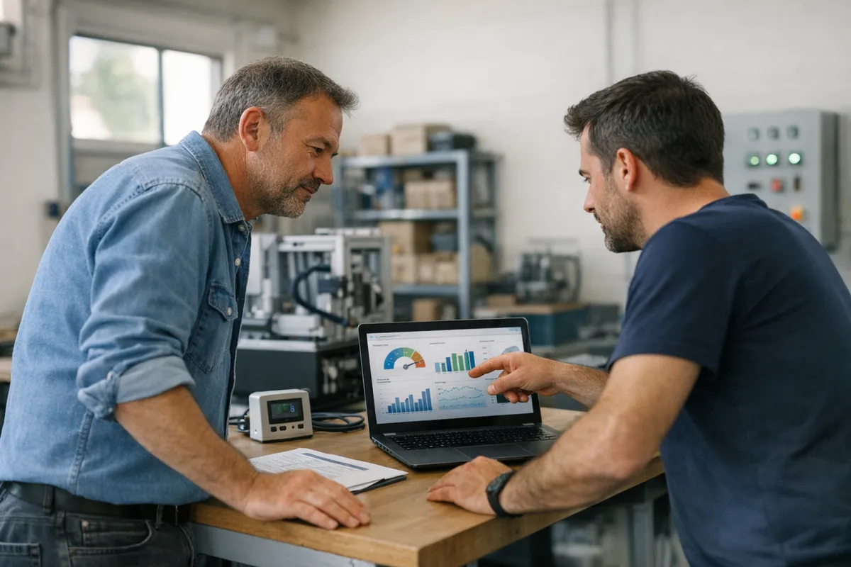 Due uomini in officina analizzano grafici su un laptop, con strumenti e macchinari sullo sfondo