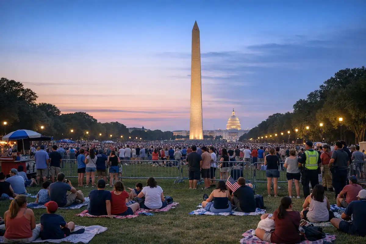 Folla sul National Mall al tramonto con Washington Monument e Campidoglio sullo sfondo